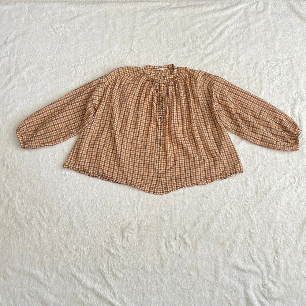 Doen The Jane Blouse Orange Meringue Plaid Clip Dot Cotton Button Top Size XS